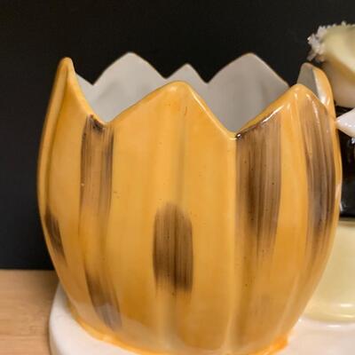 Lot 199: Vintage Halloween: Napco Spaghetti Trim Vase & Flying Witch