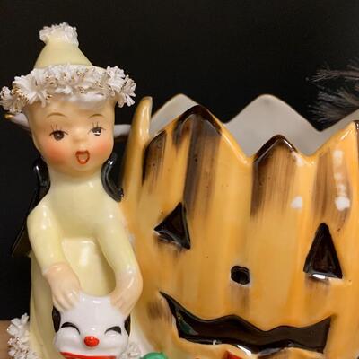 Lot 199: Vintage Halloween: Napco Spaghetti Trim Vase & Flying Witch