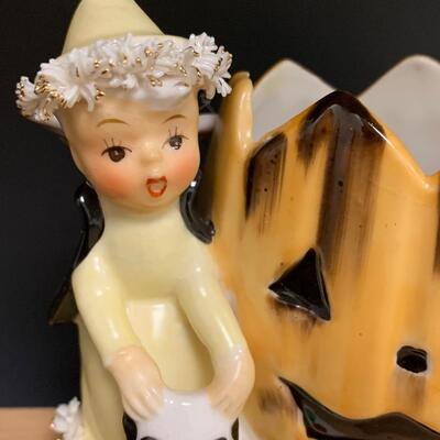 Lot 199: Vintage Halloween: Napco Spaghetti Trim Vase & Flying Witch