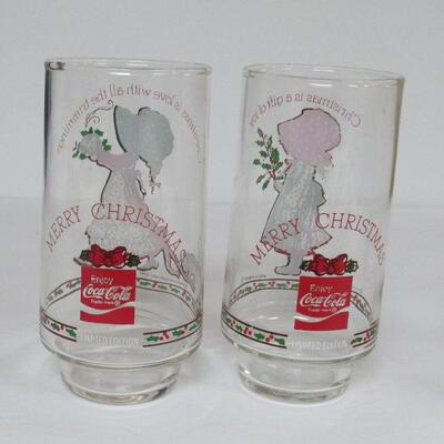 4 Coca Cola Limited Edition Holly Hobbie Glass Tumblers, Christmas Theme