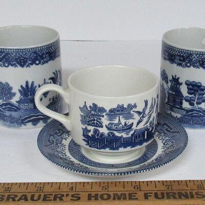 Vintage Blue Willow Lot, 2 Mugs, Taiwan, and Cup and Saucer, Churchill England