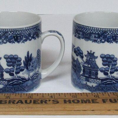 Vintage Blue Willow Lot, 2 Mugs, Taiwan, and Cup and Saucer, Churchill England