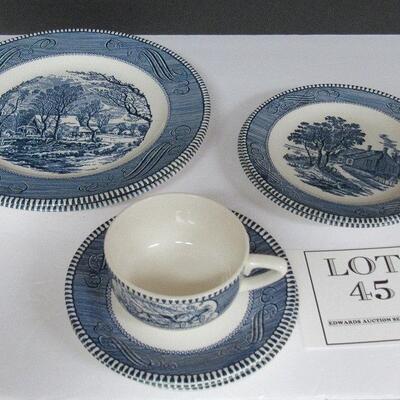Vintage Currier and Ives, Cup and Saucer, 2 Large Plates, 2 Small Plates, 2 Extra Saucers