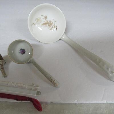 Lot of Misc Vintage Stoppers, Drink Stirrers, Glass Spoon/Straw, Tureen Ladle and Mayo Ladle