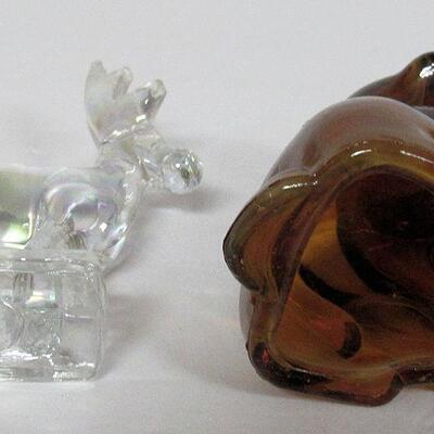 Glass Deer Figurine and Brown Slag Glass Dog Figurine