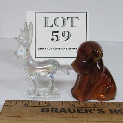 Glass Deer Figurine and Brown Slag Glass Dog Figurine