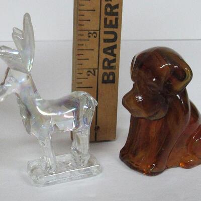 Glass Deer Figurine and Brown Slag Glass Dog Figurine