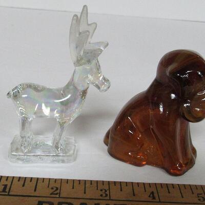 Glass Deer Figurine and Brown Slag Glass Dog Figurine
