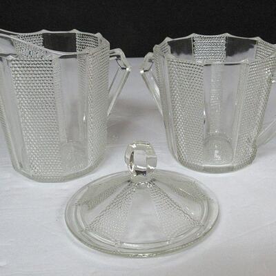 Jeanette Glass Dew Drop Sugar and Creamer with Hard to Find Sugar Cover