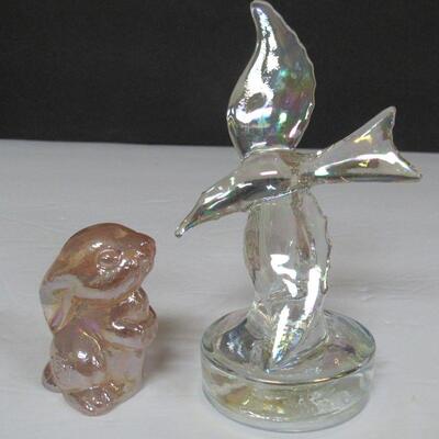 Clear Iridized Glass Seagull Figurine and Small Pink Iridized Boyd Rabbit Figurine