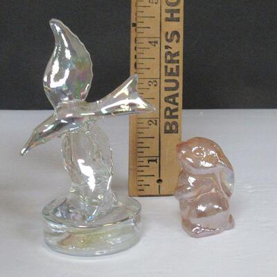 Clear Iridized Glass Seagull Figurine and Small Pink Iridized Boyd Rabbit Figurine