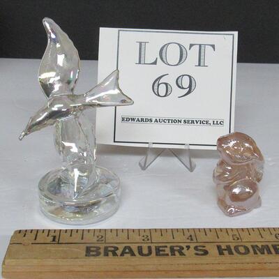 Clear Iridized Glass Seagull Figurine and Small Pink Iridized Boyd Rabbit Figurine