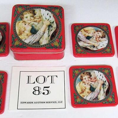 Older Santa and Child Tin Coaster Set in Matching Tin
