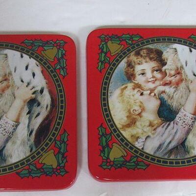 Older Santa and Child Tin Coaster Set in Matching Tin