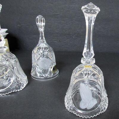 3 Older Lead Glass Bells With Frosted Images, Nice