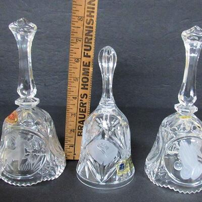 3 Older Lead Glass Bells With Frosted Images, Nice