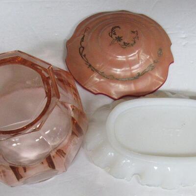 Vintage Pink Depression Dresser Box and Milk Glass Small Tray