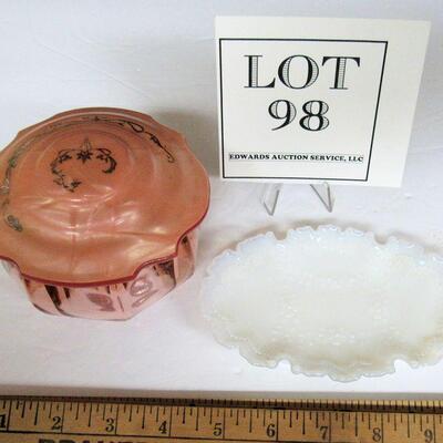 Vintage Pink Depression Dresser Box and Milk Glass Small Tray