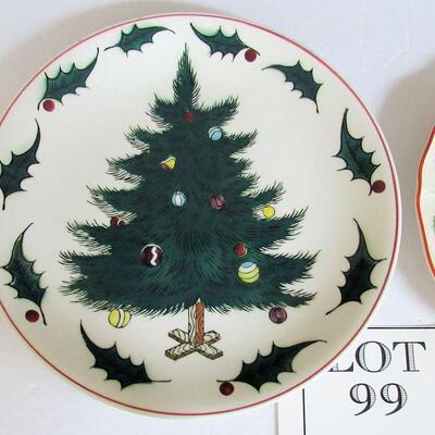 2 Older Christmas Plates, Lefton Christmas Tree, Wedgwood Queen's Ware 1984