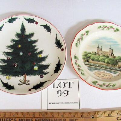 2 Older Christmas Plates, Lefton Christmas Tree, Wedgwood Queen's Ware 1984