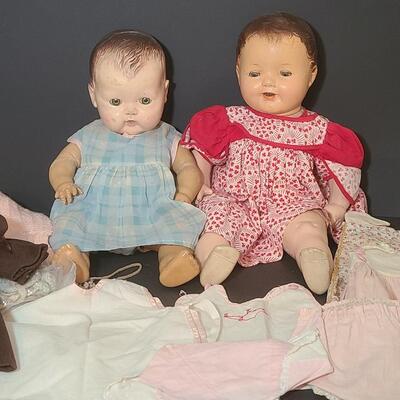 Lot 25: Vintage Dolls, Crocheted Purse, and Doll Clothes