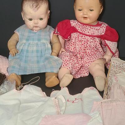 Lot 25: Vintage Dolls, Crocheted Purse, and Doll Clothes