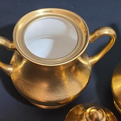 Lot 488: Vintage Pickard "Gold" Tea Set, Vase, and Salt/Pepper Sets
