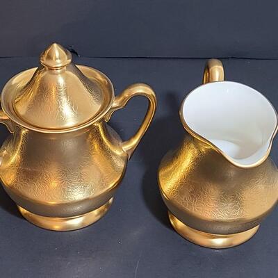 Lot 488: Vintage Pickard "Gold" Tea Set, Vase, and Salt/Pepper Sets