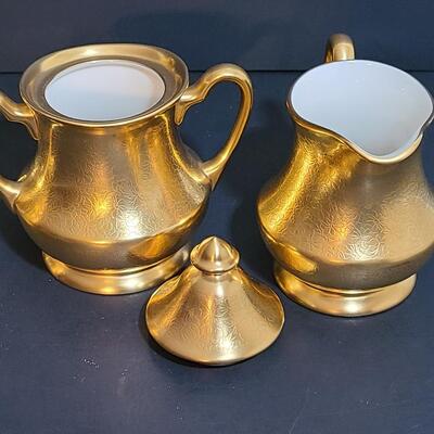 Lot 488: Vintage Pickard "Gold" Tea Set, Vase, and Salt/Pepper Sets