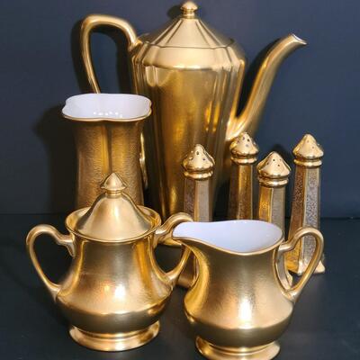 Lot 488: Vintage Pickard "Gold" Tea Set, Vase, and Salt/Pepper Sets
