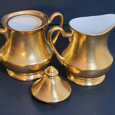 Lot 488: Vintage Pickard "Gold" Tea Set, Vase, and Salt/Pepper Sets