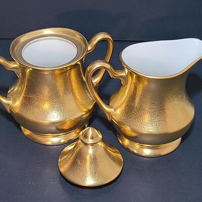 Lot 488: Vintage Pickard "Gold" Tea Set, Vase, and Salt/Pepper Sets