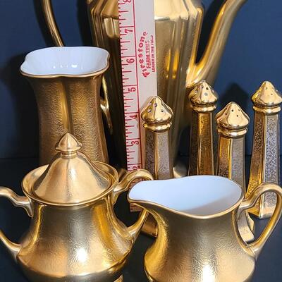 Lot 488: Vintage Pickard "Gold" Tea Set, Vase, and Salt/Pepper Sets