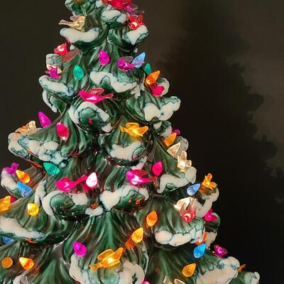 Lot 487: Vintage Flocked Ceramic Christmas Tree with Bird Lights (Large 15 inches)