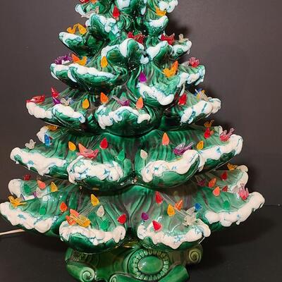 Lot 487: Vintage Flocked Ceramic Christmas Tree with Bird Lights (Large 15 inches)