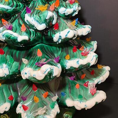 Lot 487: Vintage Flocked Ceramic Christmas Tree with Bird Lights (Large 15 inches)