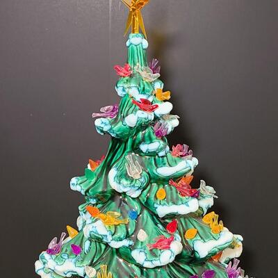 Lot 487: Vintage Flocked Ceramic Christmas Tree with Bird Lights (Large 15 inches)