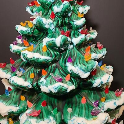 Lot 487: Vintage Flocked Ceramic Christmas Tree with Bird Lights (Large 15 inches)
