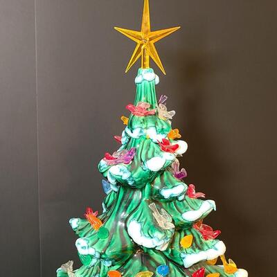 Lot 487: Vintage Flocked Ceramic Christmas Tree with Bird Lights (Large 15 inches)
