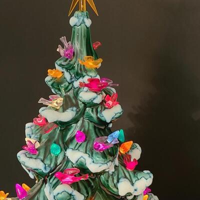 Lot 487: Vintage Flocked Ceramic Christmas Tree with Bird Lights (Large 15 inches)
