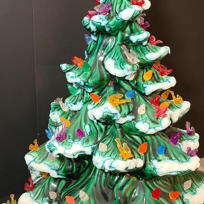 Lot 487: Vintage Flocked Ceramic Christmas Tree with Bird Lights (Large 15 inches)