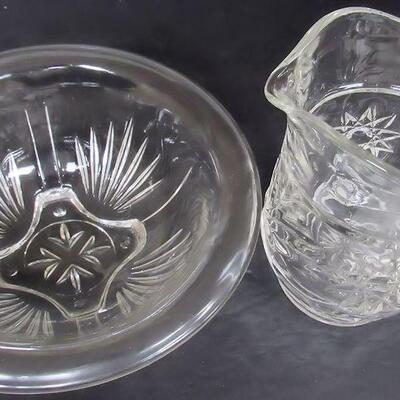 Early American Prescut Small Pitcher and Hazel Atlas Bowl