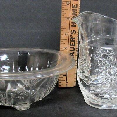 Early American Prescut Small Pitcher and Hazel Atlas Bowl