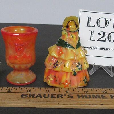 Limited Edition Boyd Glass Orange Slag Hand Painted Girl and Lt Ed Hoppy Toothpick