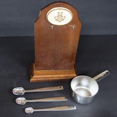 Vintage Plaltzgraff Village Measuring Cup and Spoon Set on Stand