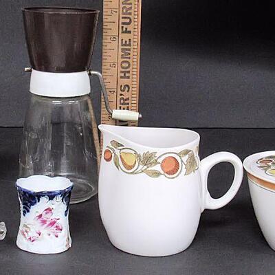 Lot of Misc Kitchen Stuff, Franciscan Sugar Creamer, Egg Cup, Nut Grinder, American Ash Tray, Toothpick