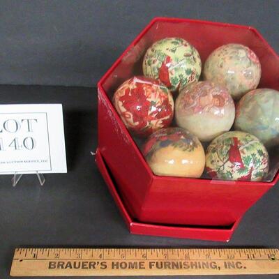 Box of JC Penny Christmas Ornaments, Light Plastic?
