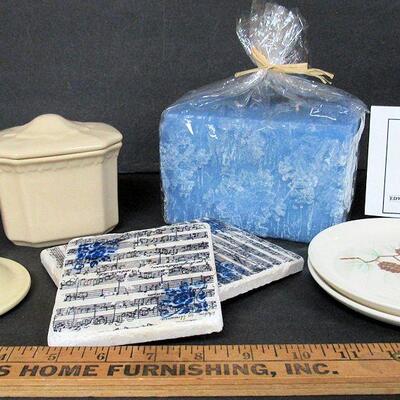 Lot of Misc Kitchen Items, Large Candle, Stone Coasters