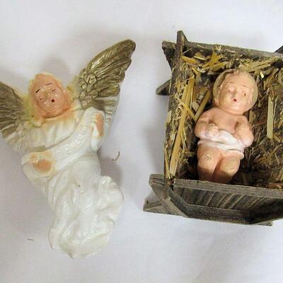 Vintage Woolworth's Nativity Set With Additional Pieces, Cardboard, Chalk, Plastic, Wood