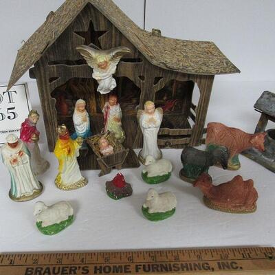Vintage Woolworth's Nativity Set With Additional Pieces, Cardboard, Chalk, Plastic, Wood
